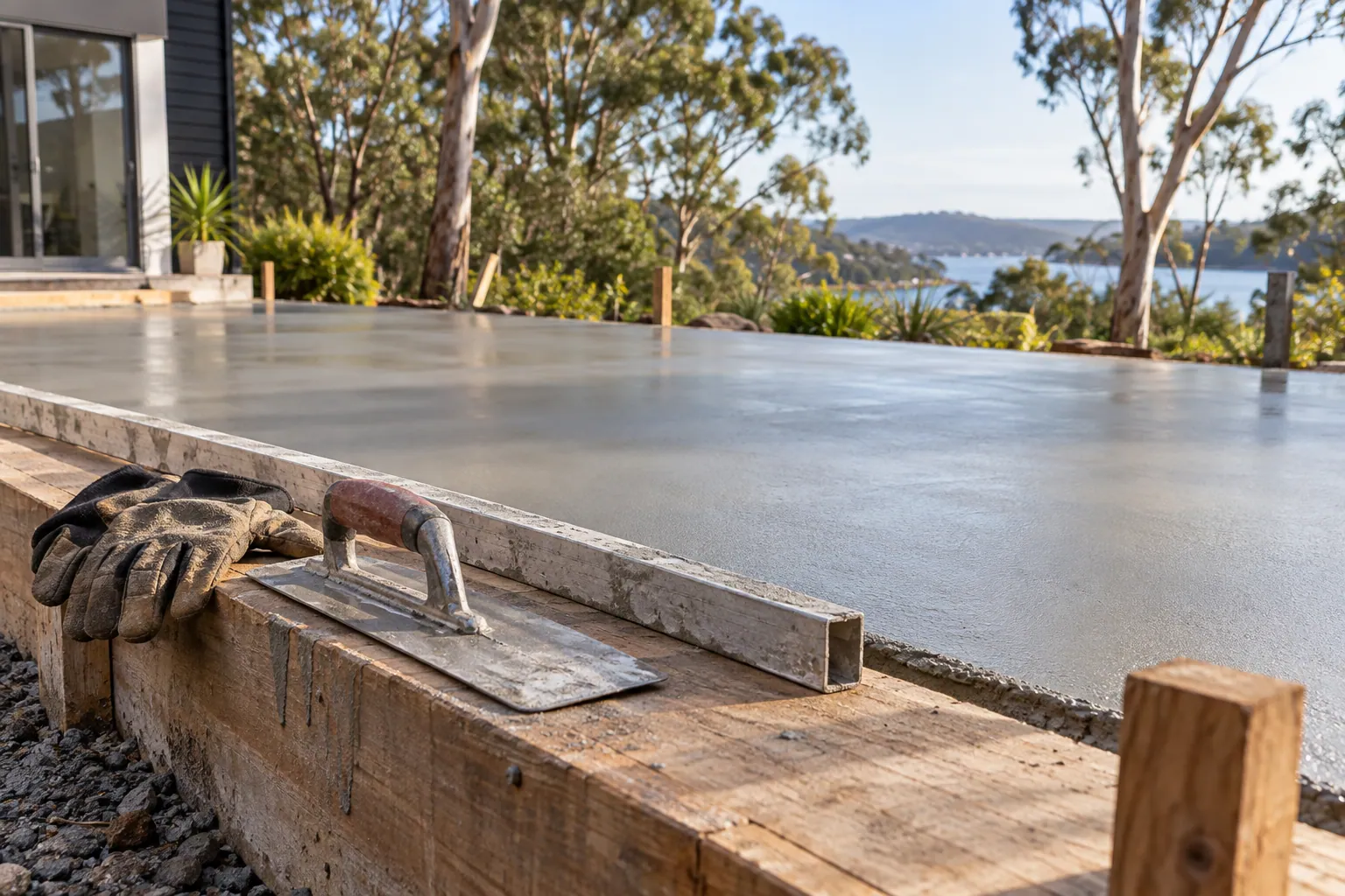 Concrete finishing tools and straight formwork at a residential construction site