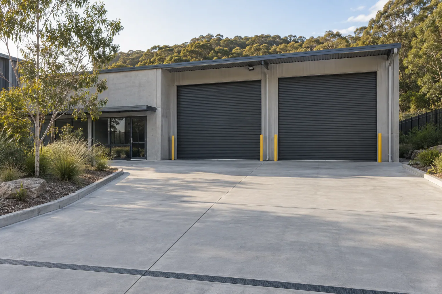 Concrete access apron outside a modest Australian commercial building