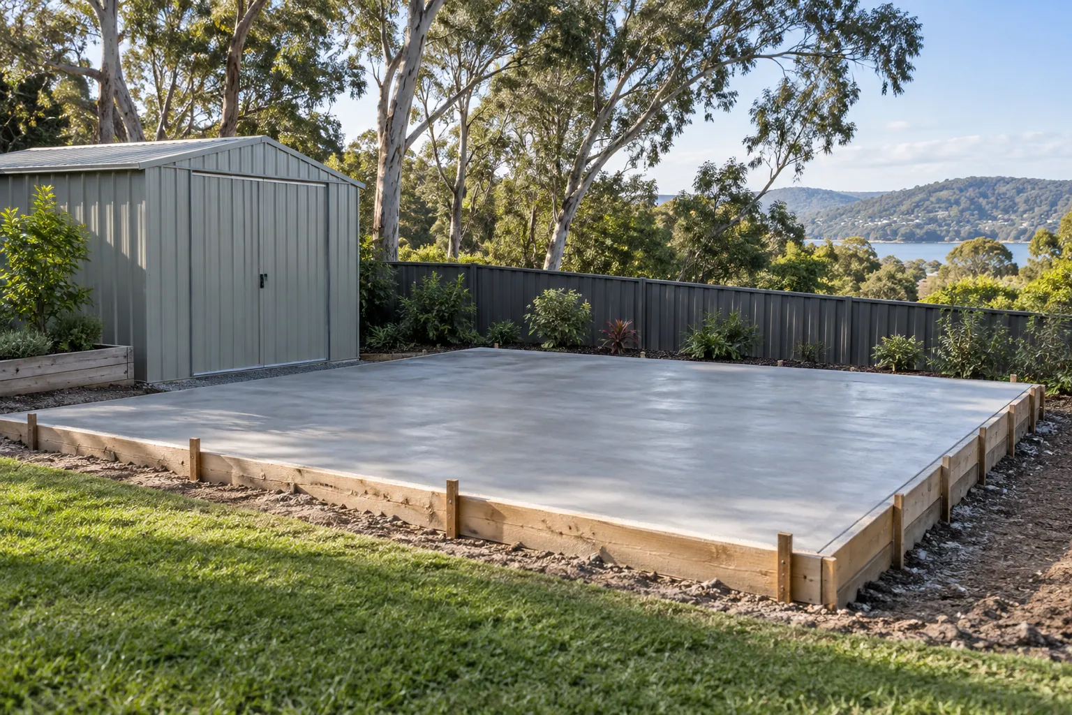 Concrete shed base beside a metal garden shed in an Australian backyard